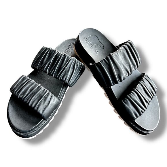 SOREL Roaming Two Strap Black Leather Sporty Comfy Slip On Slide Lug Sole Size 7 - Picture 1 of 13